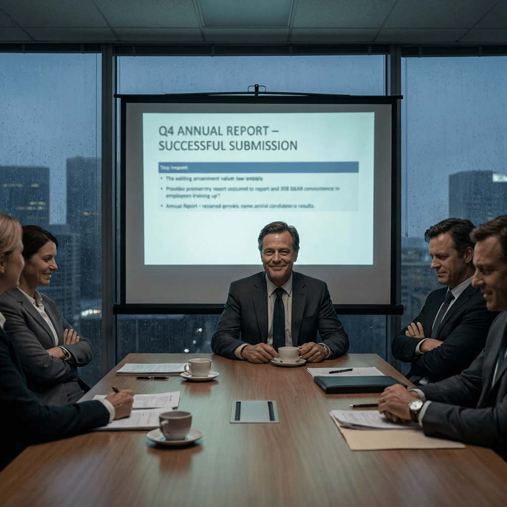 Disheveled man presenting 'Q4 ANNUAL REPORT - LATE SUBMISSION' to serious colleagues.